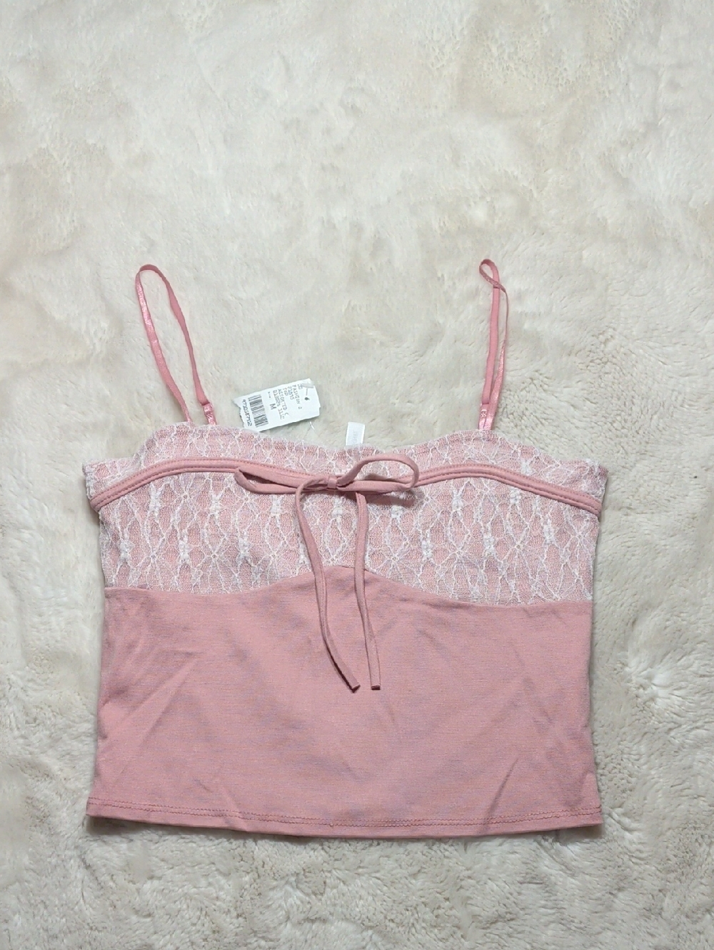 Pink Lace-Trim Crop Top with Tie Detail - Unbranded‎
